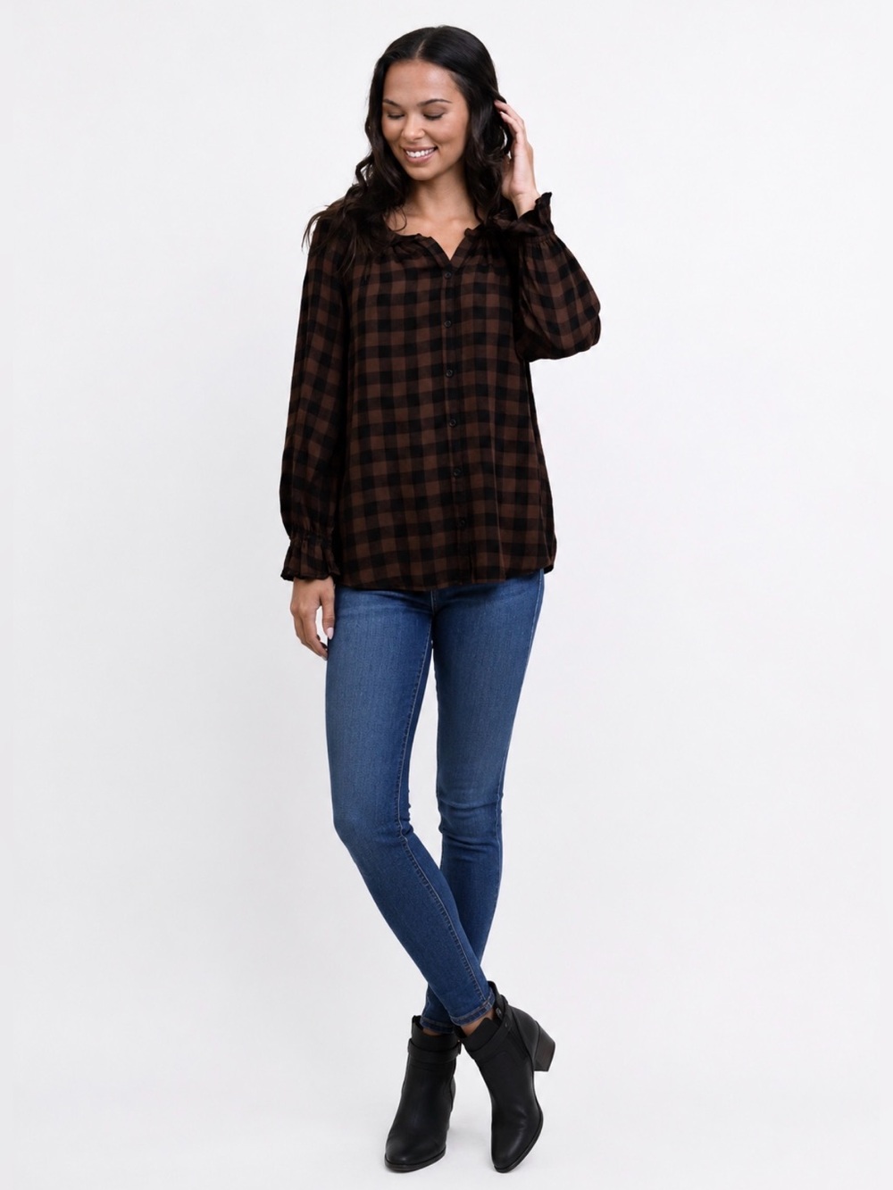 442 Beachlunchlounge Plaid Ruffle Sleeve Blouse Black Brown Button Front L Boho